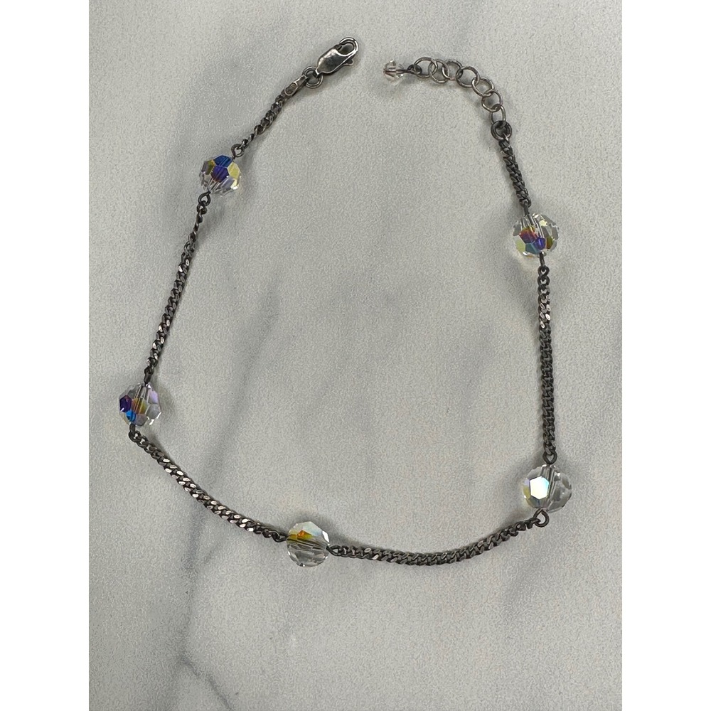 Swarovski Aurora Borealis Crystal Station Necklace Sterling Curb Chain 10.5 In